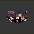 Traditional Pavilion on Floating Island with Blue Roof Pink Trees Red Bridge and Green Grass
