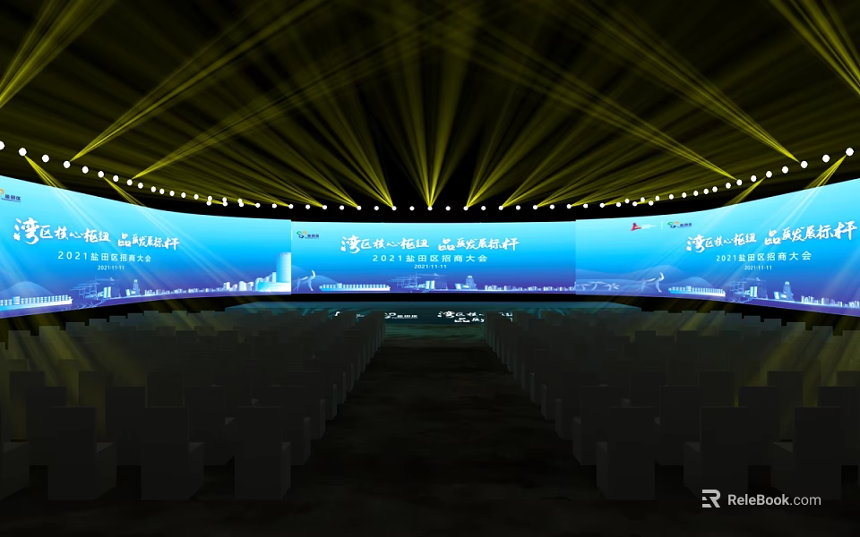 Modern Stage With Yellow Light Beams Blue LED Screen And Rows Of Seats 3d model 