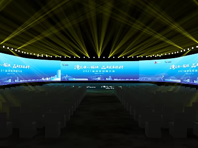 Modern Stage With Yellow Light Beams Blue LED Screen And Rows Of Seats 3d model