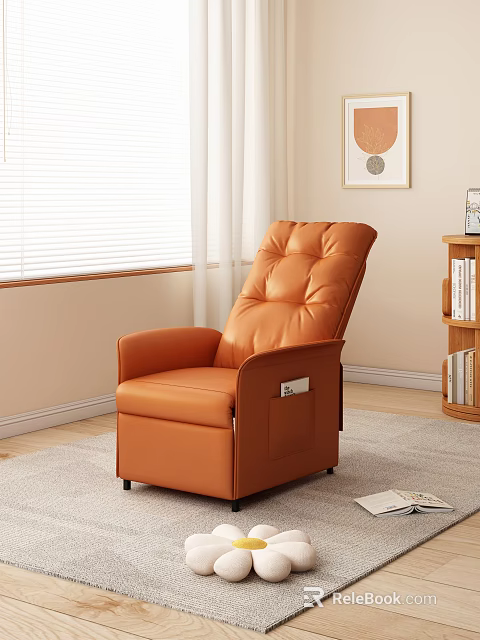 Orange Leather Massage Chair with Window and Bookshelf in Cozy Living Room 3d model 