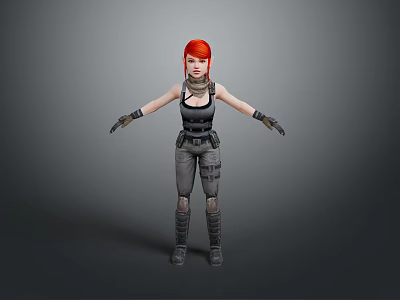 Woman with red hair wearing tactical black vest gray pants and gloves on gray background 3d model