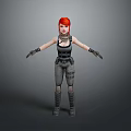 Woman with red hair wearing tactical black vest gray pants and gloves on gray background