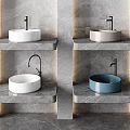 Sleek Round Washbasins on Stone Shelves with Marble Wall and Color Variations