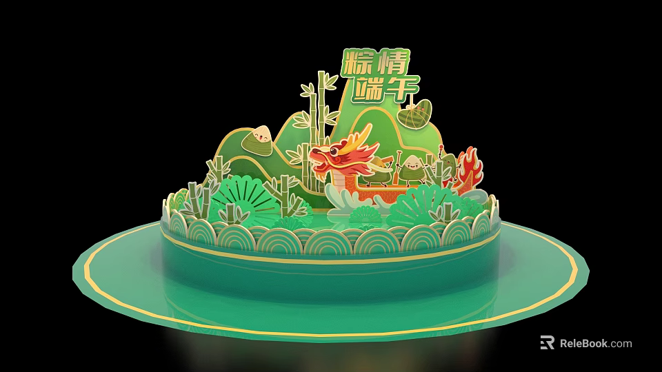 Dragon Boat Festival 3D Layered Decoration With Zongzi Dragon And Bamboo 3d model 