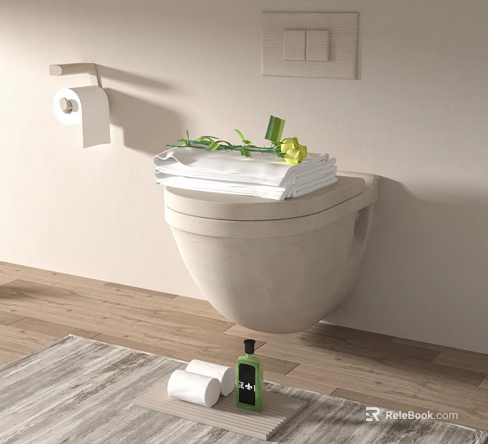 Wall Mounted Toilet With White Towels Green Plants And Yellow Flower On Wooden Floor 3d model 