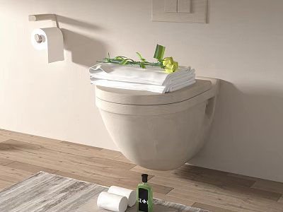 Wall Mounted Toilet With White Towels Green Plants And Yellow Flower On Wooden Floor 3d model
