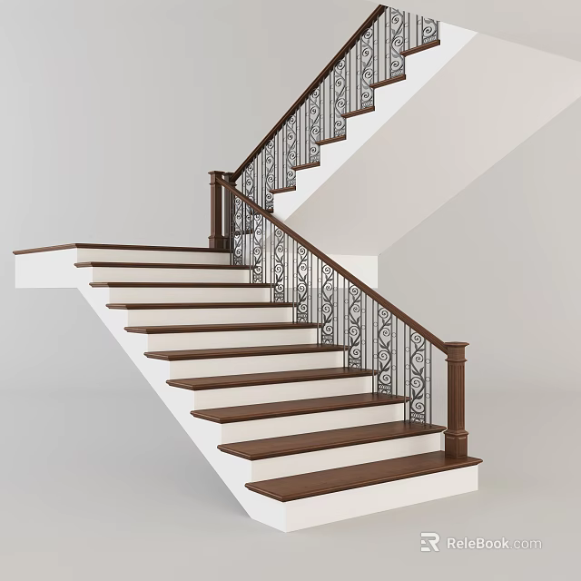 Modern Interior Staircase With Wooden Steps Handrail And Wrought Iron Balusters 3d model 