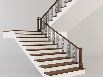 Modern Interior Staircase With Wooden Steps Handrail And Wrought Iron Balusters 3d model