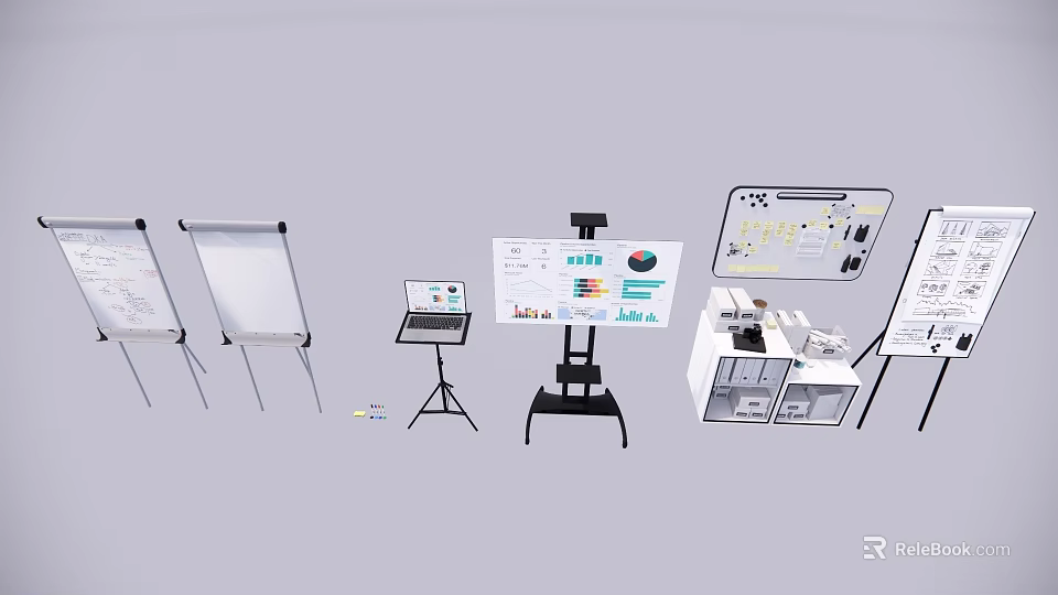 Exhibition Display Equipment Setup With Whiteboards Laptop Charts Podium And Stands 3d model 