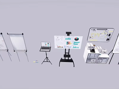 Exhibition Display Equipment Setup With Whiteboards Laptop Charts Podium And Stands 3d model