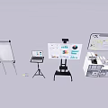 Exhibition Display Equipment Setup With Whiteboards Laptop Charts Podium And Stands