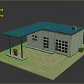 Small Building Model With Blue Roof White Walls Windows And Red Elements On Platform Base
