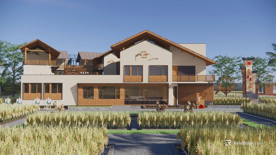 Rustic Guesthouse Building With Wooden Facade And Lush Rice Field Surroundings 3d model 