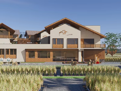 Rustic Guesthouse Building With Wooden Facade And Lush Rice Field Surroundings 3d model