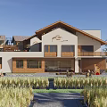 Rustic Guesthouse Building With Wooden Facade And Lush Rice Field Surroundings