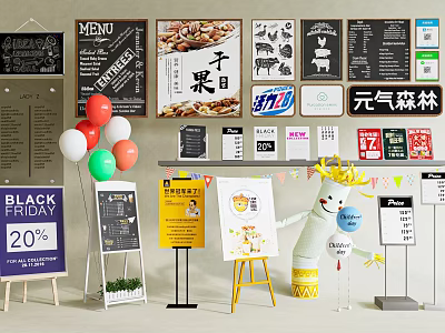 Various Advertising Boards With Hand drawn Menu Signages Promotion Displays And Decorative Balloons 3d model