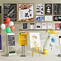 Various Advertising Boards With Hand drawn Menu Signages Promotion Displays And Decorative Balloons