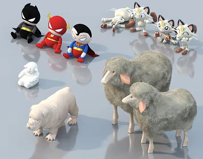 Plush Stuffed Toys With Superhero Characters Kittens Bear Pig and Sheep 3d model