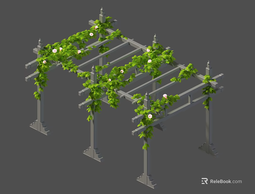 Green Leafy Vines With White Flowers Climbing Metal Pergola Garden Structure 3d model 