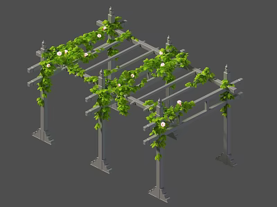 Green Leafy Vines With White Flowers Climbing Metal Pergola Garden Structure 3d model