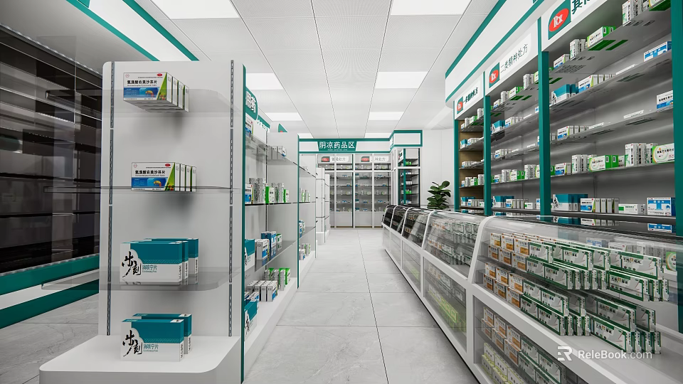 Pharmacy Store Interior With Organized Medicine Shelves And Refrigerated Display Units 3d model 