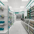 Pharmacy Store Interior With Organized Medicine Shelves And Refrigerated Display Units
