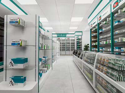 Pharmacy Store Interior With Organized Medicine Shelves And Refrigerated Display Units 3d model