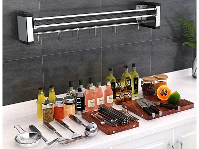 Essential Kitchen Utensils with Wall Mounted Rack Condiments Knives and Cutting Board on Countertop 3d model