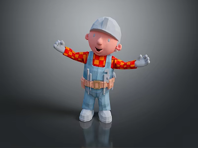 Cartoon Man in Red Plaid Shirt Blue Overalls White Hard Hat Tool Belt Arms Outstretched 3d model