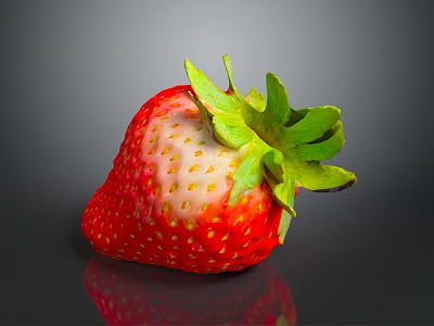 Fresh Red Strawberry With Green Leaves And Juicy Surface On Dark Background 3d model