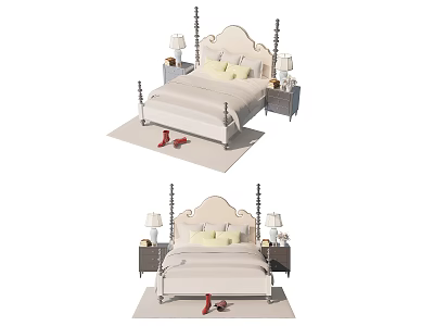 Classic Double Bed With Ornate Bedposts Pillows Nightstands Table Lamps And Red Shoes On Rug 3d model