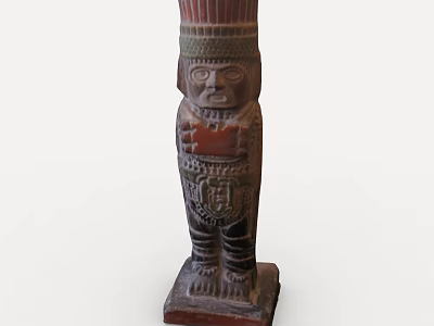 Traditional Handcrafted Wooden Statue With Carved Human Figure Decorative Headpiece And Detailed Patterns 3d model