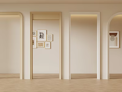 Minimalist Interior With Arched Rectangular Doorways Framed Artworks And Wooden Flooring 3d model
