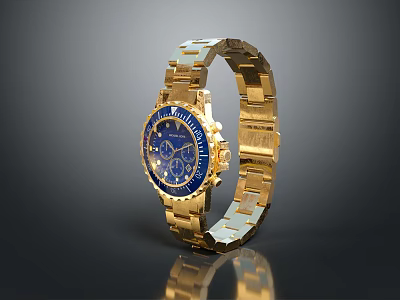 Luxury Gold Watch With Blue Chronograph Dial And Stainless Steel Bracelet 3d model