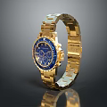 Luxury Gold Watch With Blue Chronograph Dial And Stainless Steel Bracelet