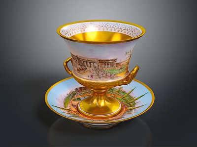 Hand Carved Sculptural Porcelain Cup And Saucer With Golden Trim And Architectural Designs 3d model