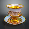 Hand Carved Sculptural Porcelain Cup And Saucer With Golden Trim And Architectural Designs
