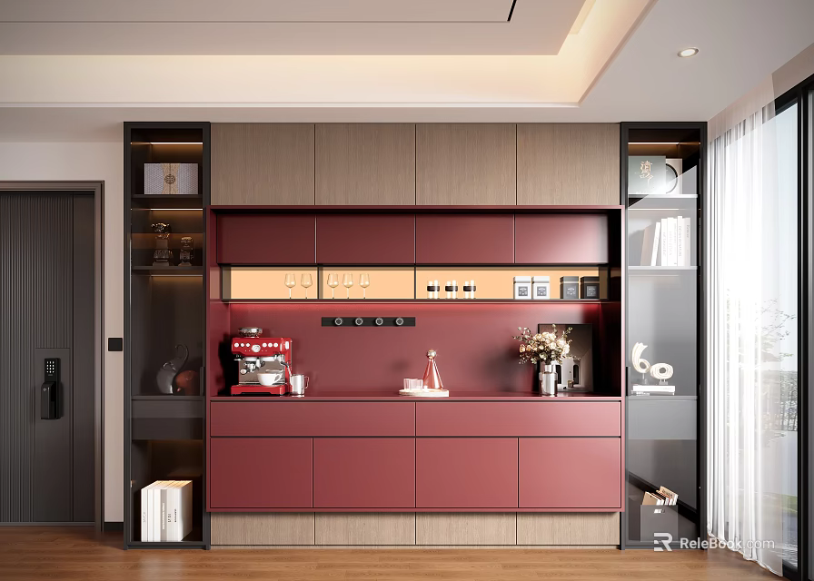 Modern Red and Gray Sideboard with Vase Books and Coffee Machine in Living Room 3d model 