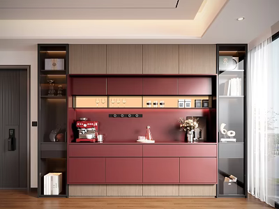Modern Red and Gray Sideboard with Vase Books and Coffee Machine in Living Room 3d model