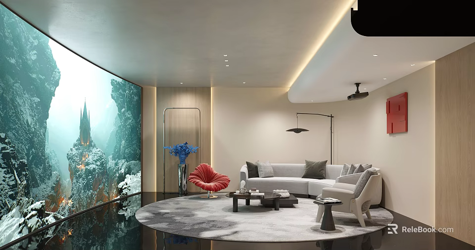 Modern Home Theater Interior With Curved Screen And Cozy Seating 3d model