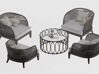 Outdoor Table Set With Rattan Chairs Cushioned Seats And Round Glass Top 3d model