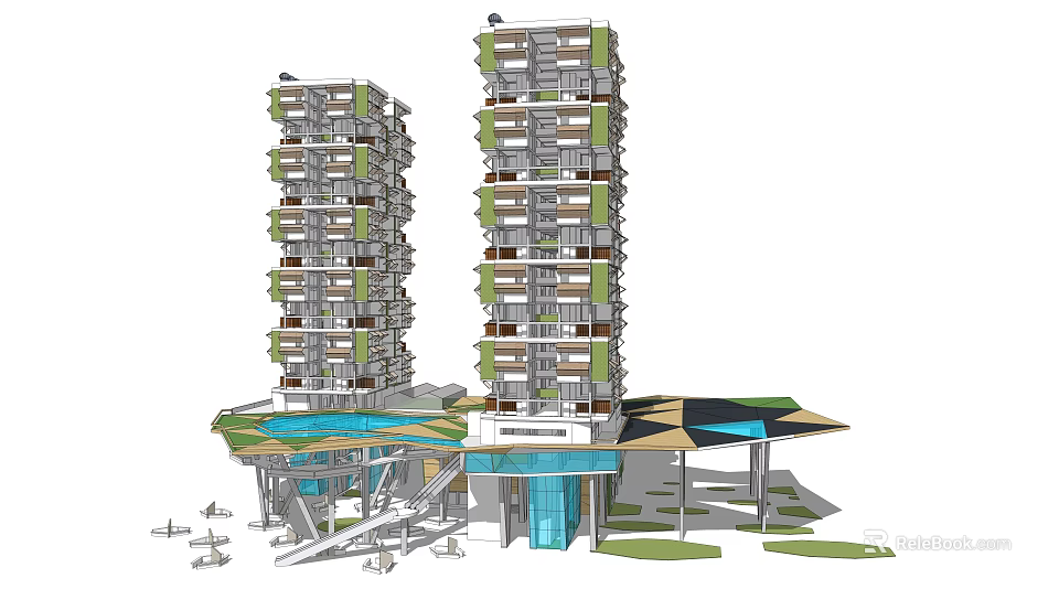 Modern Office Building Design With Two Tall Towers Greenery And Open Ground Floor 3d model 