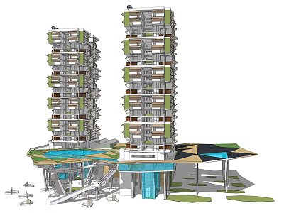 Modern Office Building Design With Two Tall Towers Greenery And Open Ground Floor 3d model