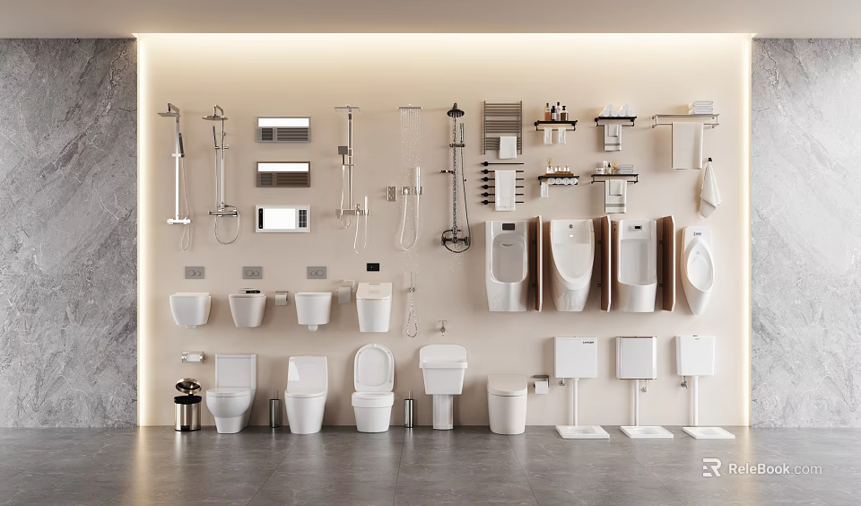 Modern Bathroom Fixtures Collection With Toilets Urinals Sinks Shower Heads And Shelves 3d model 