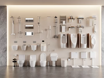 Modern Bathroom Fixtures Collection With Toilets Urinals Sinks Shower Heads And Shelves 3d model