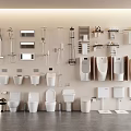 Modern Bathroom Fixtures Collection With Toilets Urinals Sinks Shower Heads And Shelves