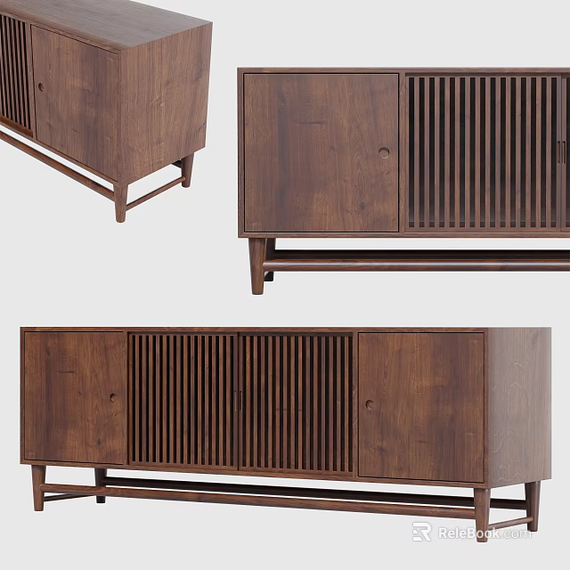 Modern Wooden TV Stand With Slatted Design And Cabinet Doors For Living Room 3d model 