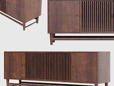 Modern Wooden TV Stand With Slatted Design And Cabinet Doors For Living Room 3d model