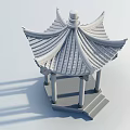 Chinese Garden Landscape Featuring Traditional Stone Pavilion with Curved Eaves and Columns Against Blue Sky