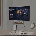 TV Displaying Spider-Man With Wheeled Wooden Cart And Devices Near Unique Lamp